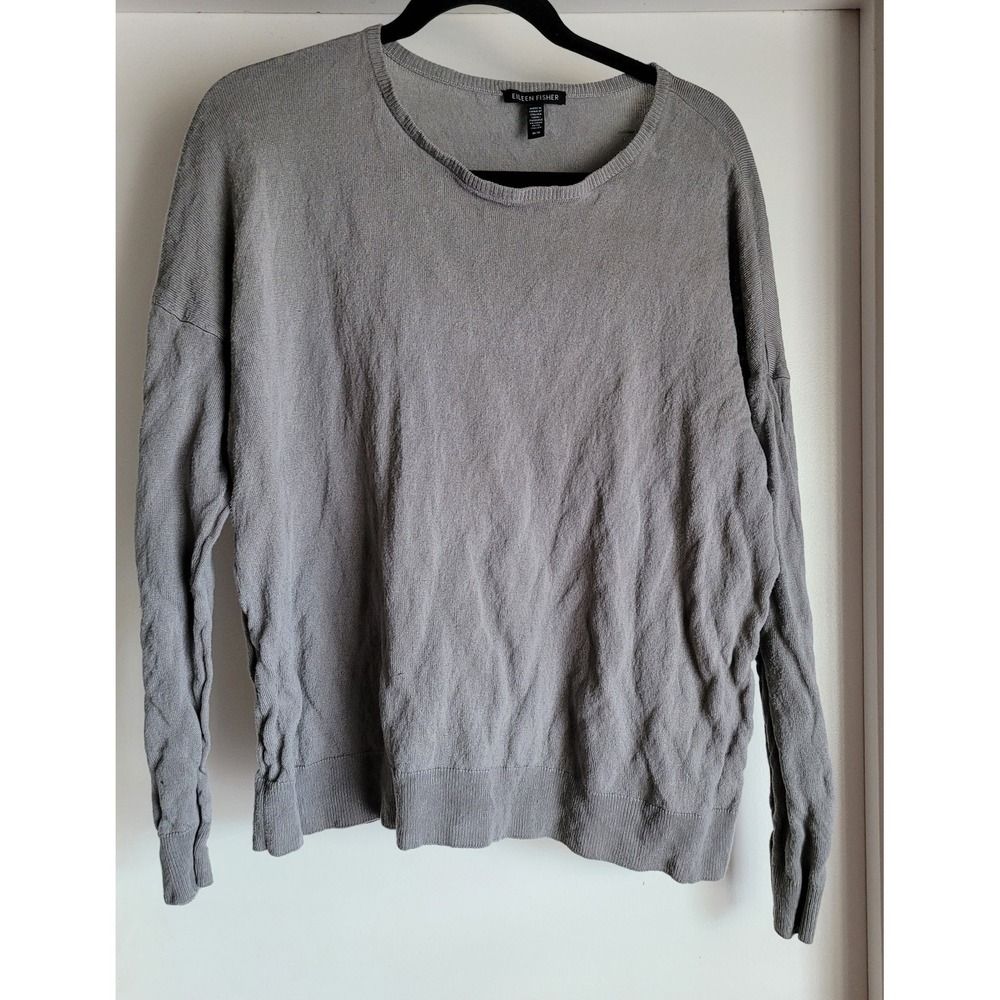 Eileen Fisher Sweater M Grey Solid Round Neck Long Sleeve Pullover Top